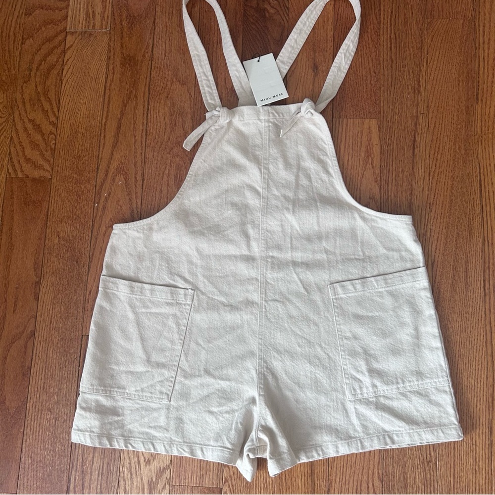NWT Miou Muse Gemma Cotton Romper L Khaki Tie Strap Boho Resort Jumpsuit - Picture 3 of 12